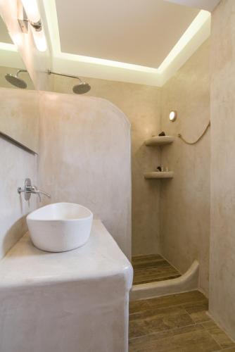a bathroom with a white sink and a shower at Villa Galinia in Akrotiri