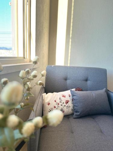 a blue couch with two pillows in a living room at Pelikan Lake House in Shkodër
