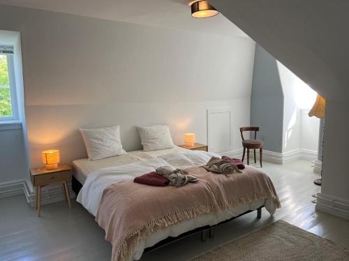 a bedroom with a bed and two tables and two lamps at Hesede Hovedgård in Haslev