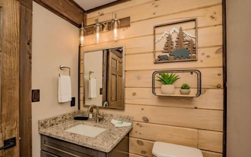 a bathroom with a sink and a mirror at Smoky Mountain Skies in Gatlinburg