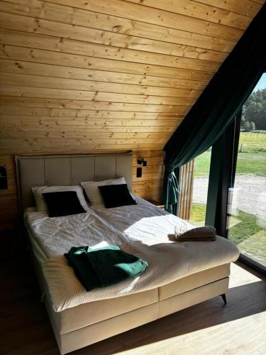 a bed in a room with a large window at Villa Jungle House - Mazury in Liwa