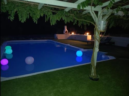 une piscine la nuit avec des ballons dans l'herbe dans l'établissement Escapades Romantiques Uniques amour amour amour, à Loubès-Bernac