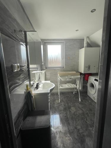 a bathroom with a sink and a bath tub at Anett Wellis Apartman Poroszló in Pusztavacs