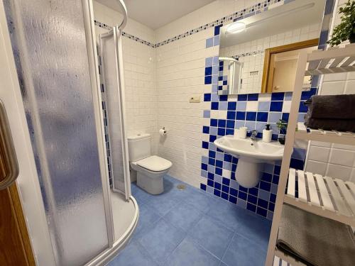 a blue and white bathroom with a toilet and a sink at Apartamento con capacidad para 4 personas in Salvatierra de Miño