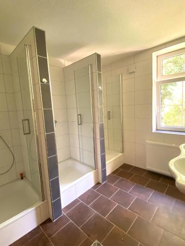 a bathroom with a shower and a sink at Rennsteighostel in Ruhla