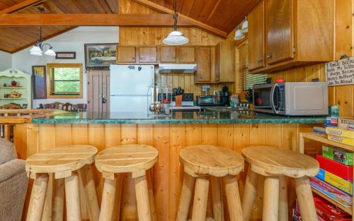 a kitchen with wooden counters and wooden stools at Grand View Mountain Chalet in Gatlinburg