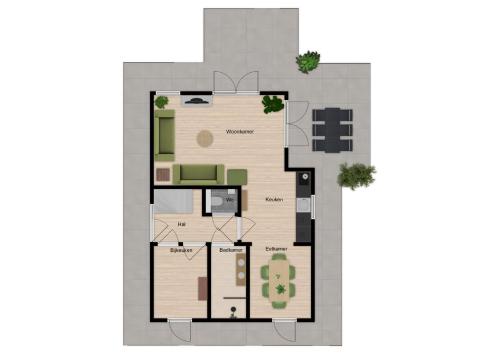 a rendering of a floor plan of a house at Bosvilla Lariks met sauna en hottub | 6 personen - Vakantiepark De Kremmer in Gasselte