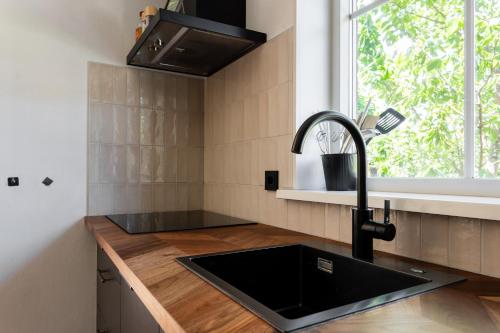 a kitchen with a black sink and a window at Bosvilla Lariks met sauna en hottub | 6 personen - Vakantiepark De Kremmer in Gasselte