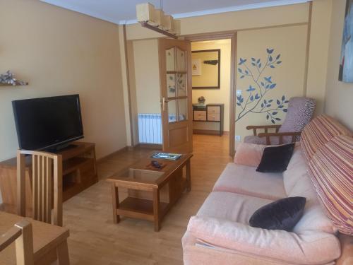 a living room with a couch and a tv at Apartamento Sopuente in Selaya
