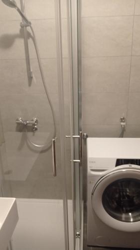 a bathroom with a shower and a washing machine at Apartments D & P in Korčula