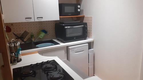 a small kitchen with a microwave and a stove at Le Gite Des Peyreyres in Lespéron