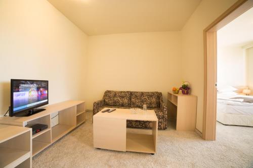 a living room with a couch and a television at Thermal Hotel Seven Seasons in Banya