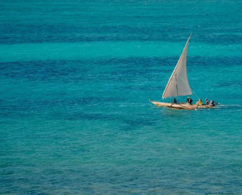 a group of people on a small sail boat in the ocean at Pearl Beach by Sansi in Michamvi