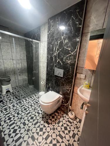 a bathroom with a toilet and a shower and a sink at Duplex house with panoramic view in Gökçeada