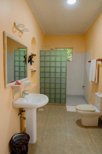 a bathroom with a sink and a shower and a toilet at Pearl Beach by Sansi in Michamvi