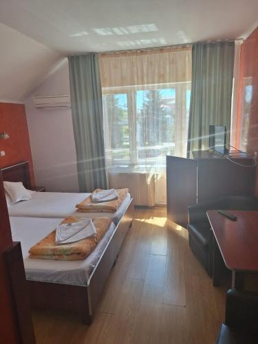 a hotel room with two beds and a window at Vila Savy in Baile Felix