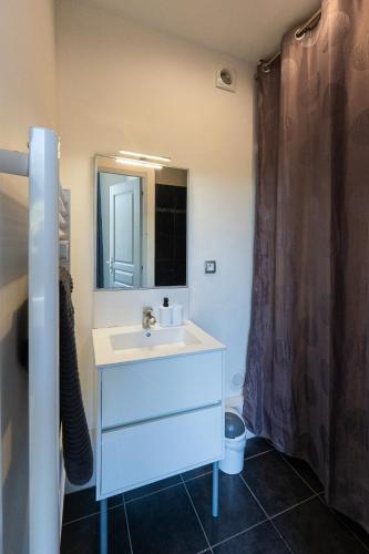 une salle de bain avec un lavabo blanc et un miroir dans l'établissement Studio - Le nid Provençal - Cadarache - Proche Lac, à Peyrolles-en-Provence