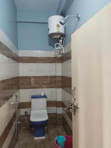 a bathroom with a toilet and a shower at Lake View Homestay in Mirik