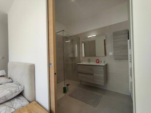 une salle de bain avec douche et lavabo dans l'établissement Superbe Maison neuve Piscine Clim parking Recharge voiture électrique, à Bouillargues