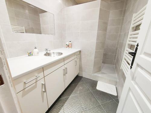 une salle de bain avec un lavabo et une douche dans l'établissement L'ARCADIA 4 lits Climatisé Jeu d'Arcade centre historique Nîmes, à Nîmes