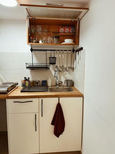a kitchen with a sink and a counter with utensils at Garden of Eden Accommodation Unit in the heart of Carmel in Haifa
