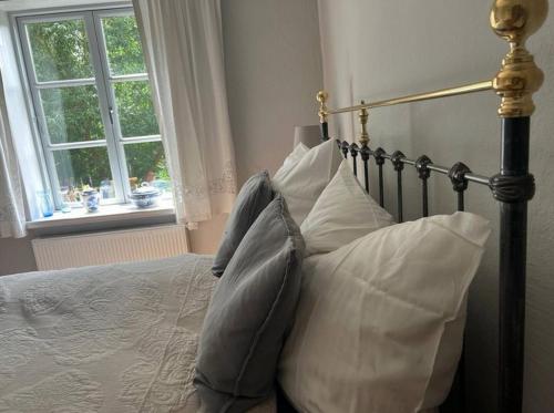 a bedroom with a bed with pillows and a window at Kutscherremise Gut Niendorf - ABC592 - nur Feriengäste! in Bad Kleinen