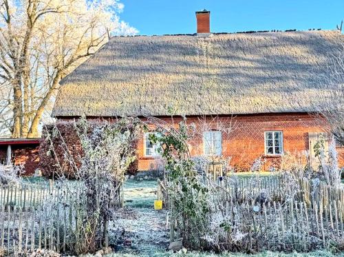 an old brick house with a grass roof at Kutscherremise Gut Niendorf - ABC592 - nur Feriengäste! in Bad Kleinen