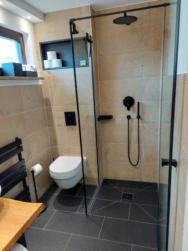 a bathroom with a shower and a toilet at Moserhaus Kulmbach - 80 qm eigenes Haus in Kulmbach