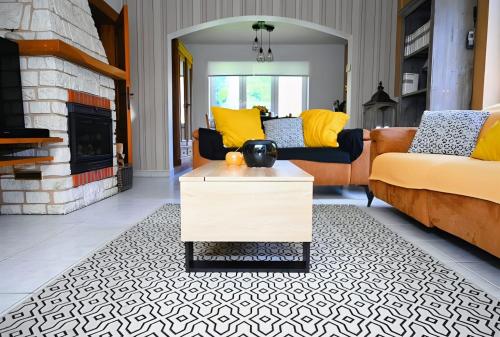 a living room with two couches and a fireplace at L Orchidée in Dinant
