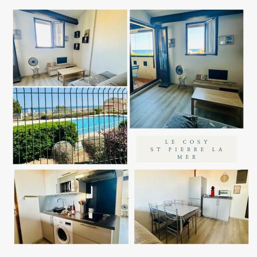 a collage of photos of a house at Le cosy vue mer in Fleury