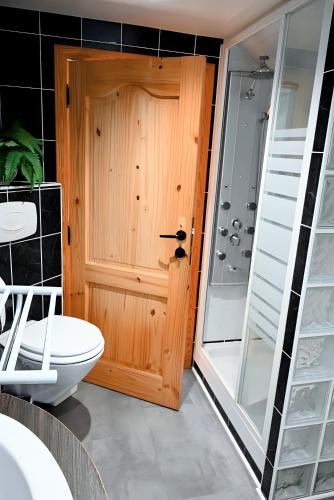 a bathroom with a toilet and a shower and a door at L Orchidée in Dinant