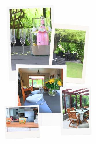 a collage of photos of a table with a pink bottle at L Orchidée in Dinant