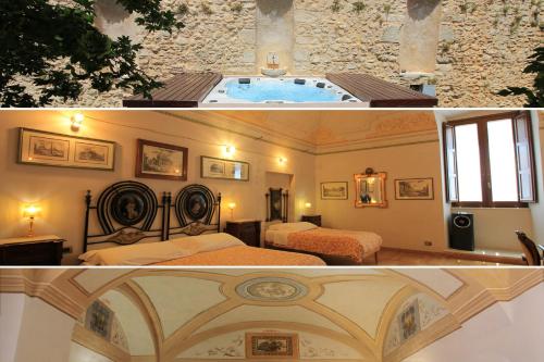 une chambre d'hôtel avec un lit et une baignoire dans l'établissement Palazzo Rustici charme b&b & garden spa, à LʼAquila