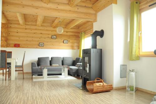 a living room with a fireplace and a couch at Ferienhaus In Pruggern Mit Terrasse Und Garten in Pruggern