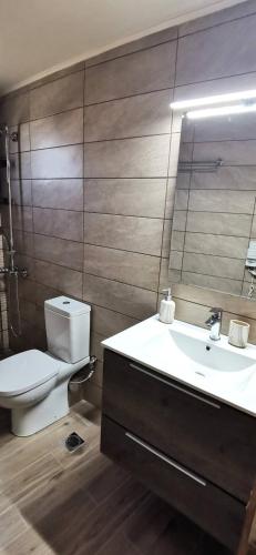 a bathroom with a sink and a toilet and a mirror at Dimitras house palaiopoli in Kythira