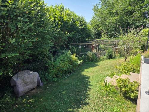 a garden with a rock in the grass at 2 Chambres pour évènement circuit Bugatti in Mulsanne