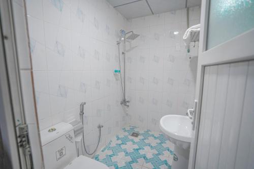 a bathroom with a shower and a toilet and a sink at Danzha Hotel 2 in Erbil