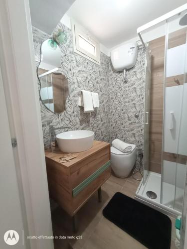un bagno con lavandino, WC e specchio di Irisapartment a Reggio di Calabria