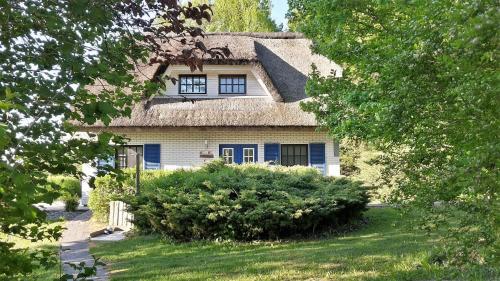 an old house with a thatched roof and a yard at Haus Zauberblau in Poseritz