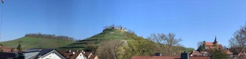 Une grande colline avec un château en haut dans l'établissement Turmquartier Weinsberg, à Weinsberg