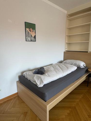 a bed with a cat sleeping on it in a room at cozy big old town apartment in Klagenfurt