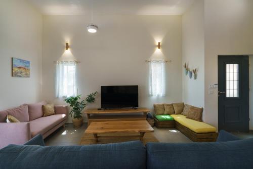 a living room with couches and a table and a tv at Nof Zuqim in Zuqim