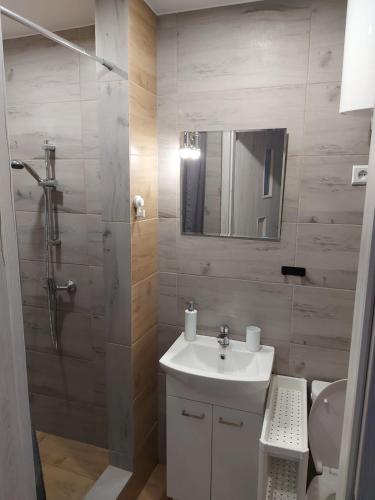 a bathroom with a white sink and a shower at W sosnowym lesie in Lubniewice