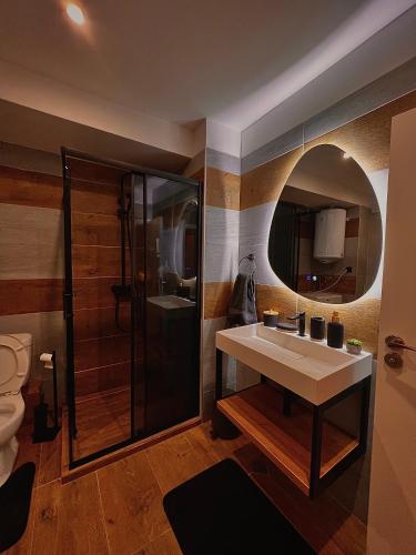 a bathroom with a sink and a shower at CozyHomes in Bansko