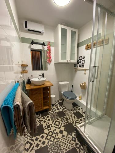 a bathroom with a shower and a sink and a toilet at Nid chaleureux proche de l'océan in Lacanau