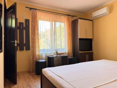 a bedroom with a bed and a large window at Casa Anamaria in Baile Felix