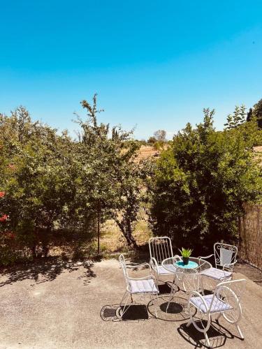 a patio with two chairs and a table with a plant at Sofia's House in Sfendámion