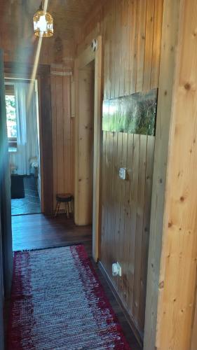 a hallway with a room with wooden walls and a rug at Zacisze in Kościelisko