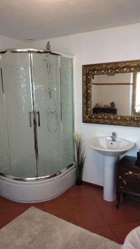 a bathroom with a shower and a sink and a mirror at Zacisze in Kościelisko