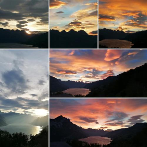 a group of four pictures of a sunset at Ferienhaus mit Berg-und Seesicht in Filzbach